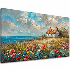 Сликата на пејзаж на платно Селска куќа во цвеќиња | Акрилни детали